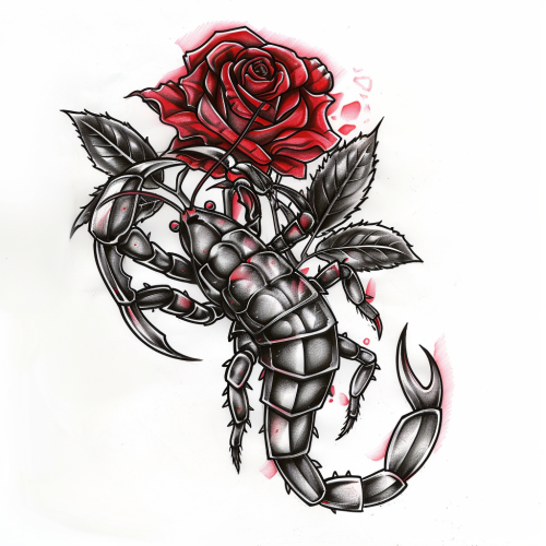 Black scorpion on red rose tattoo stencil