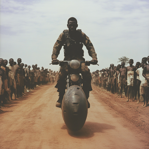 Black soldier on hover bike with colonial people