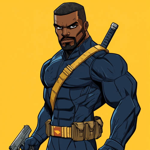 Black superhero in navy blue suit with weapons, comic style  Black superhero in navy blue suit with weapons, comic style
