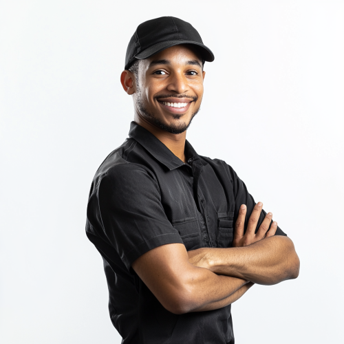 Black technician, 30, smiling, arms crossed, on white background.