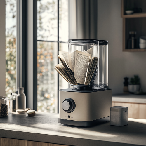 Blender blending books of knowledge in kitchen