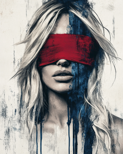 Blindfolded woman with dripping blue paint, surreal background