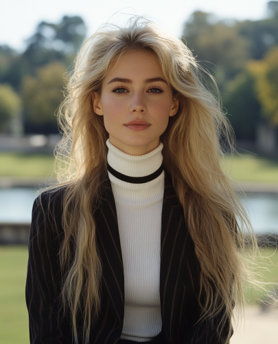Blond businesswoman on horse in mansion garden scenery