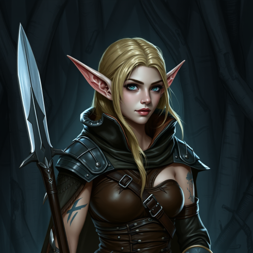 Blond elf rogue wearing leather armor in forest.