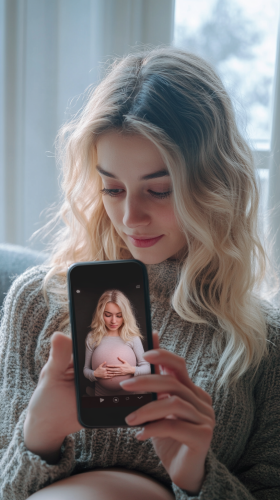 Blonde Italian woman, surprised by pregnancy filter on phone