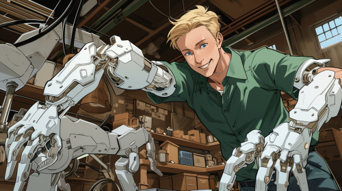 Blonde man with mechanical arms in workshop