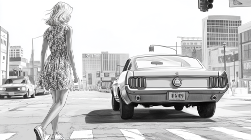 Blonde woman walks towards cool car in city