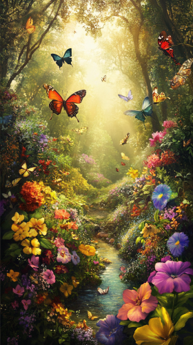 Blooming flowers in magical garden with butterflies and sunlight. Blooming flowers in magical garden with butterflies and sunlight.