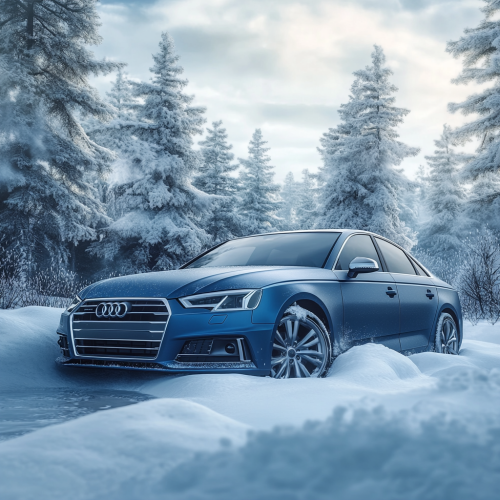 Blue Audi sedan car stuck in snowy forest.