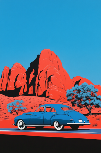 Blue Car Parked on Road with Red Mountains