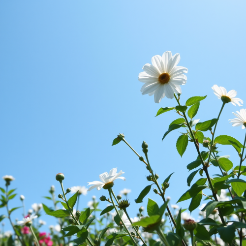 Blue Sky Gardens with Flowers, Moon, and Sun