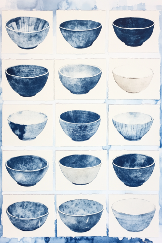 Blue and white bowls collage on watercolor grid
