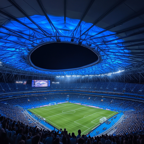 Blue football stadium with bright lights and spectators