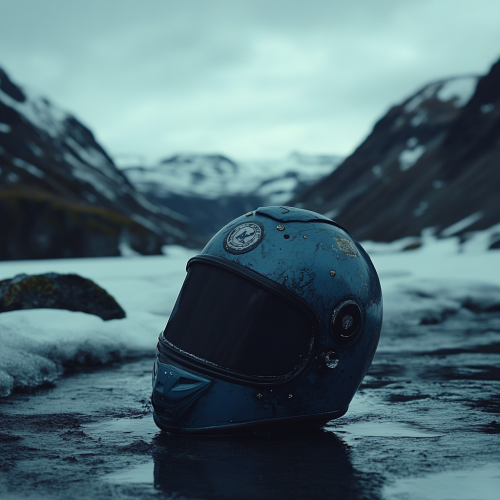 Blue motorcycle helmet in snowy mountainous landscape.