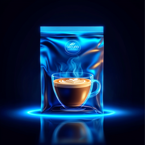 Blue neon coffee bag with latte cup design Blue neon coffee bag with latte cup design