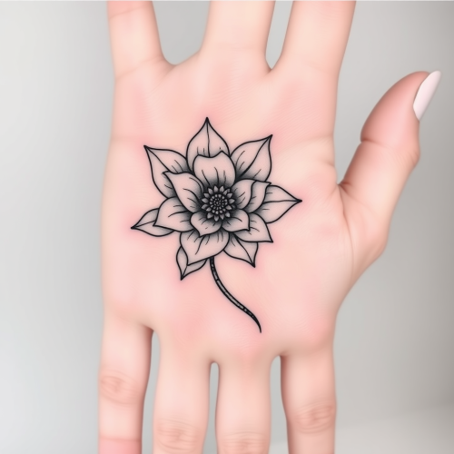 Bold black line flower tattoo for palm.