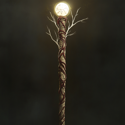 Bone staff with maroon lines, glowing orb, strange inscriptions.