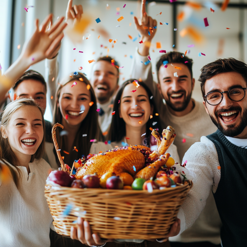 Bookkeepers celebrating Thanksgiving with turkey and confetti décor