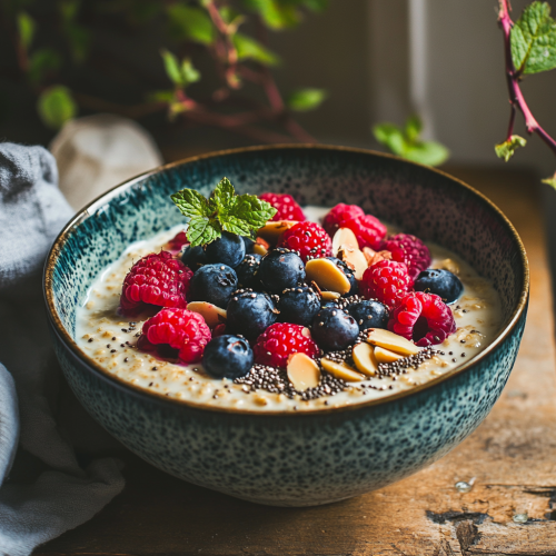 Bowl of colorful overnight oats with fresh berries.
