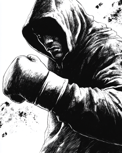 Boxer in hoody, throwing punch in shadows. 4:5.