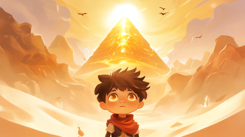 Boy's Hopeful Journey Towards Glowing Pyramid