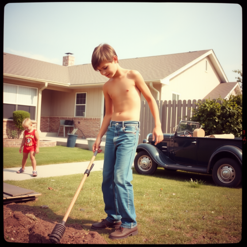 Boy Doing Yard Work in 1980s Suburb