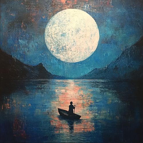 Boy and dog in boat under moonlit sky