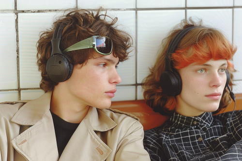 Boy with dark hair, sunglasses, beige coat, girl with orange hair, black headphones, band shirt, vintage camera vibe.