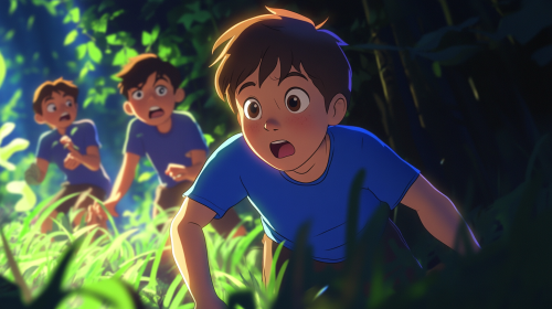 Boy with short brown hair in blue t-shirt sighing, argument, shout, excitement. Jungle scene at night, high detail, vivid color.