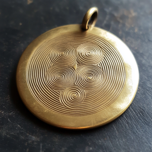 Brass amulet with spirals and patterns on blade