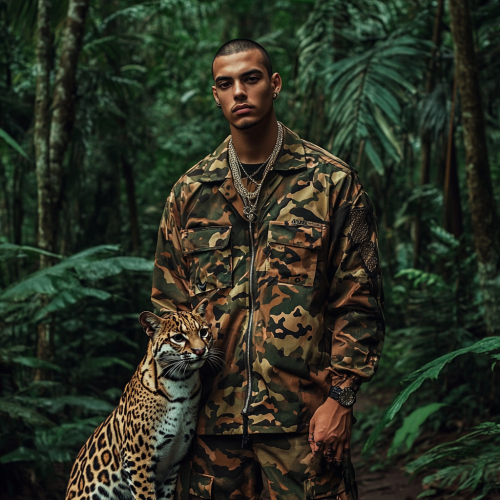 Brazilian male model in camouflage clothing with ocelot
