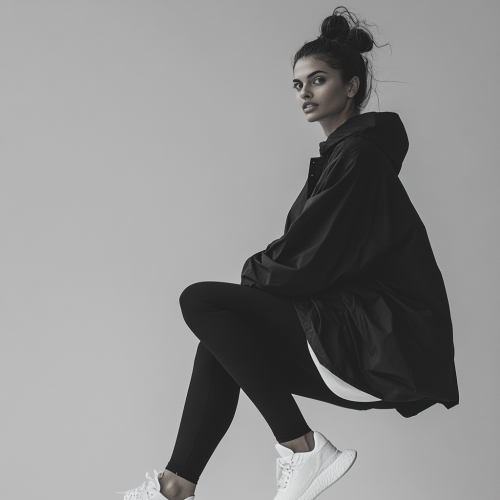 Brazilian woman in stylish black jacket poses dynamically