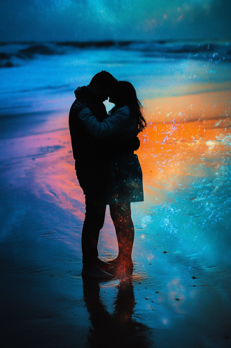 Bright and Dark Silhouettes Hug on Beach