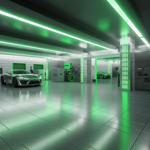 Bright high-tech garage with green LED spotlights
