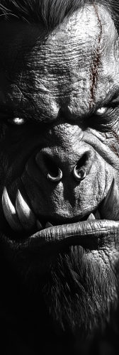 Bright outdoor portrait of textured orc with detailed features.