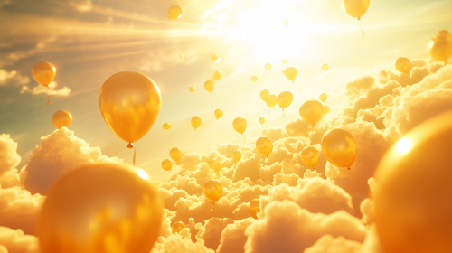 Bright sky with yellow balloons and playful clouds
