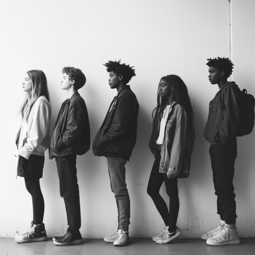British teenagers standing against wall in black & white
