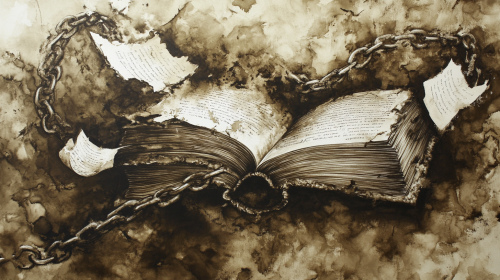 Broken chains on ancient books with pages flying