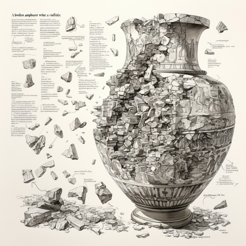Broken pottery pieces fly away from old amphora Broken pottery pieces fly away from old amphora