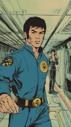 Bruce Lee talks with Sigourney Weaver in starship corridor.