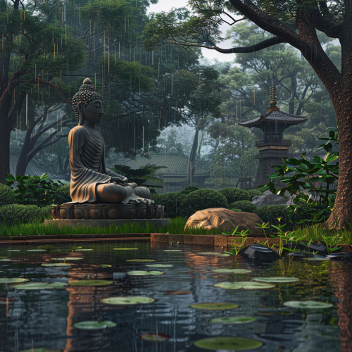 Buddha meditating in temple garden during rainstorm.
