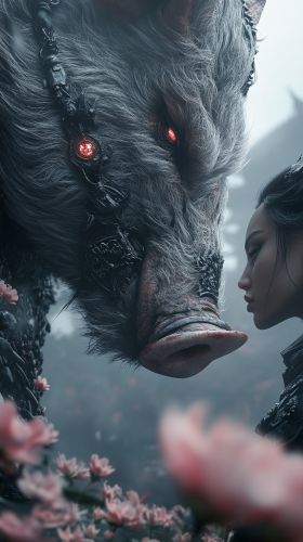 Buddhist Boar Man in Flowered DnD Mountains