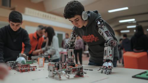 Building a robot in a robotics hall.