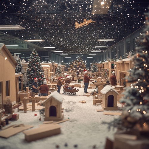 Building cozy dog houses in Christmas-themed office
