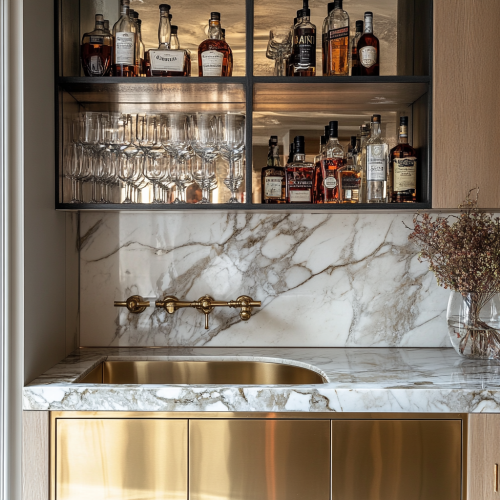 Built in bar with brass bottom, marble top.