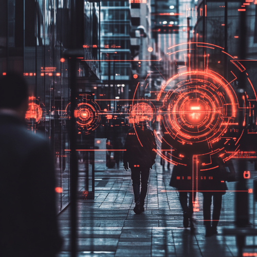 Business People on Street with Computer Targets Overlay