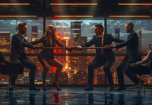 Business people play tug-of-war in modern office