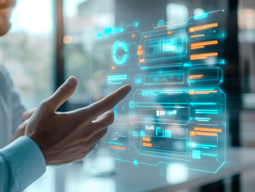 Business professional engaging with AI chatbot on modern screen.