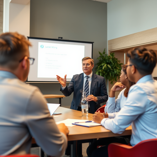 Businessman gives seminar to university students in classroom.