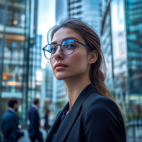 Businesswoman in blue glasses near high-rise, relaxed atmosphere.